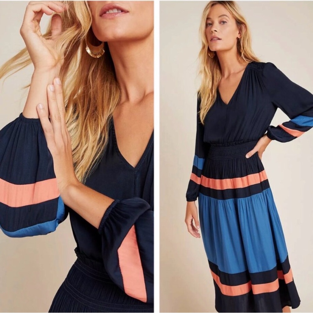 Anthropologie Navy, Coral & Blue Long Sleeve Colorblock Midi Dress